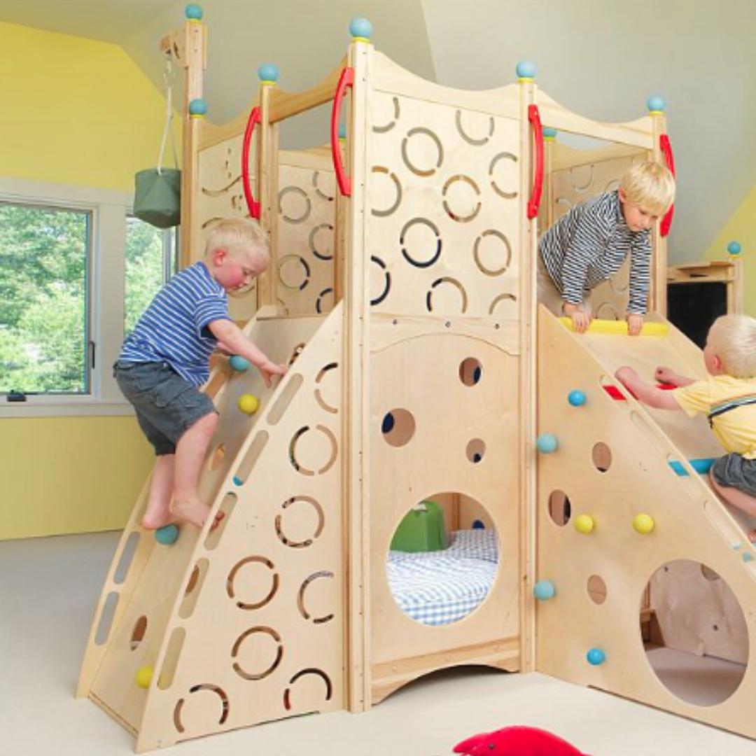 Birch Bunk Bed, Play Set with rock wall, monkey bars, slides and