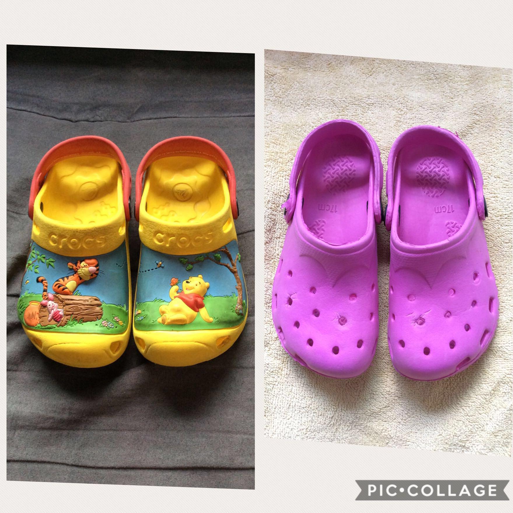 yellow and pink crocs