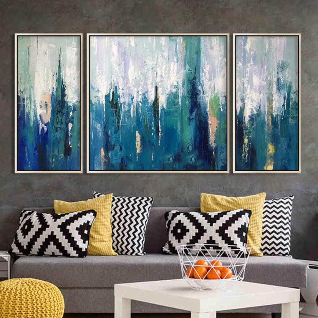 3 Piece Nordic Blue Abstract Acrylic Painting Wall Art Design