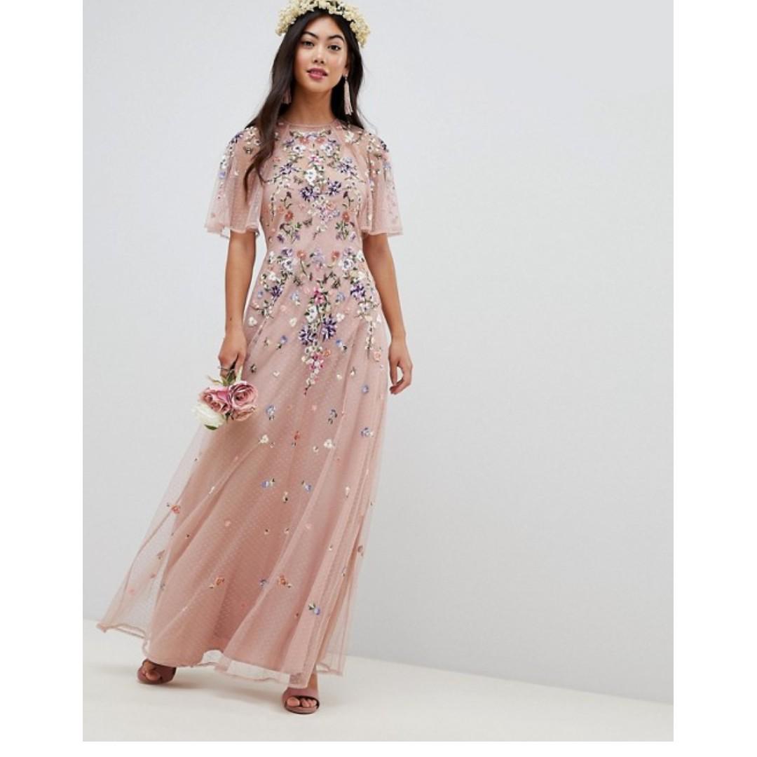ASOS DESIGN Petite Bridesmaid floral embroidered dobby mesh flutter sleeve maxi dress