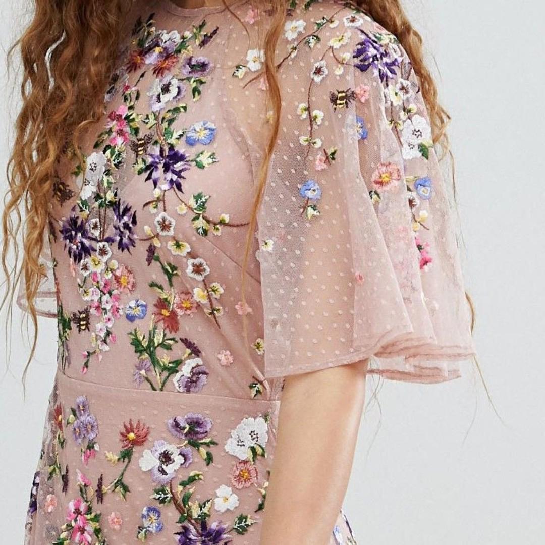 Asos design petite floral embroidered online dobby mesh flutter sleeve maxi dress