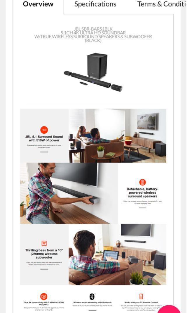 JBL SBR BAR51BLK 5.1CH 4K ULTRA HD SOUNDBAR W TRUE WIRELESS SURROUND SPEAKERS SUBWOOFER