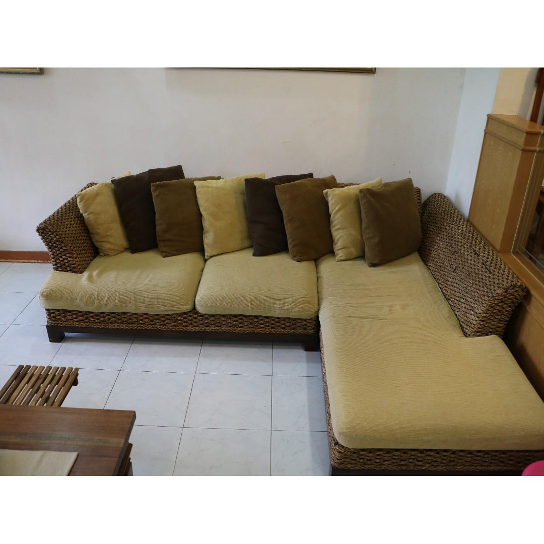 Rattan Lshape sofa set including matching pillows, Furniture & Home