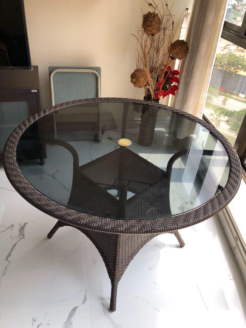 Rattan Round Table with Glass top (110cm), Furniture & Home Living