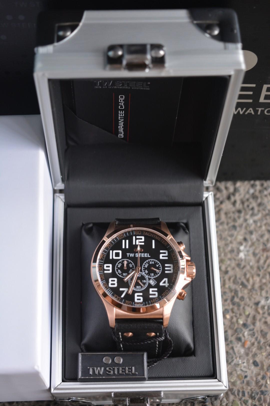 TW Steel Pilot Chronograph Rosegold Black Leather Mens Watch TW419