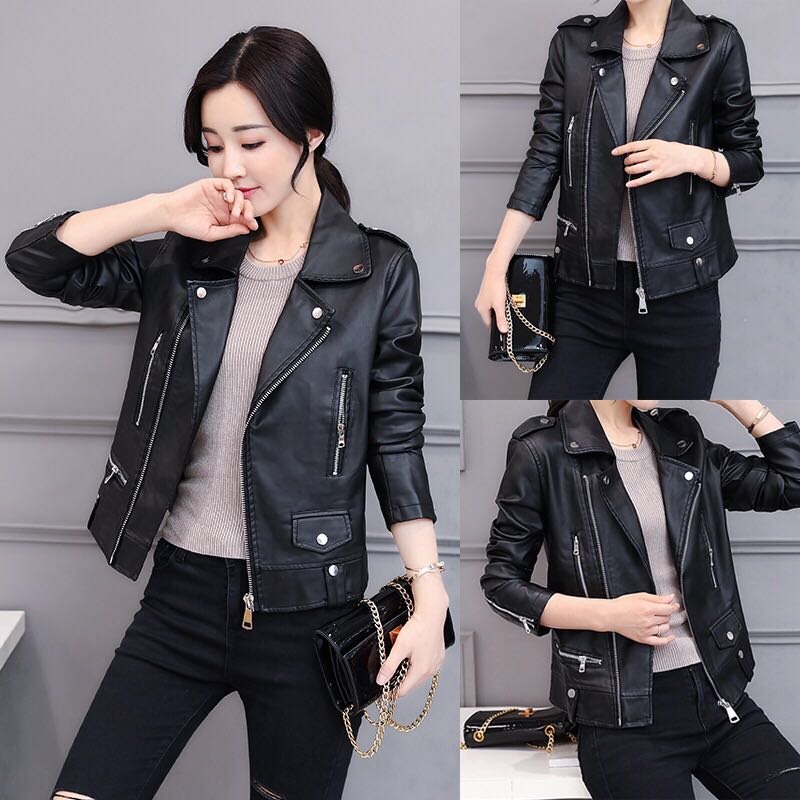 Black Coloured Zip Designed Korean Style Leather Jacket Women S Share This Listing