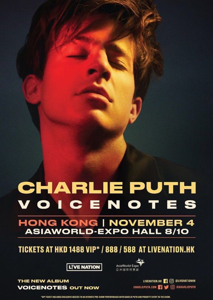 Charlie Puth Voicenotes Tour in Hong Kong 演唱會 888x2, 門票＆禮券, 本地景點門票及交通 Carousell