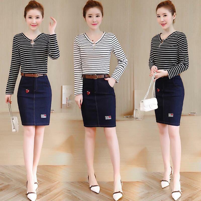 denim skirt and long sleeve