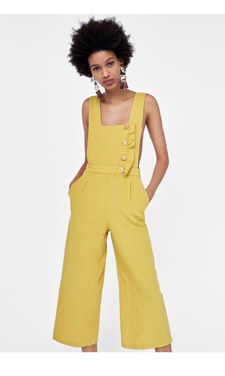 RARE_NWT ZARA SS18 MUSTARD LINEN CROPPED JUMPSUIT WITH BUTTONS_M 