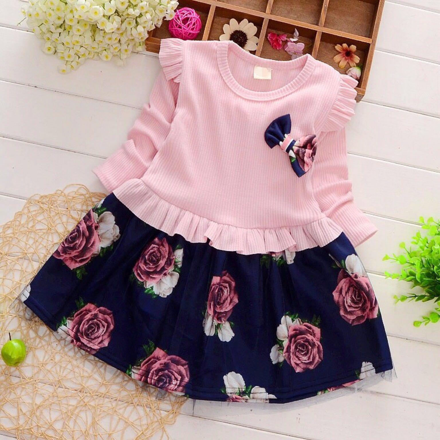 1 To 9 Years Old Girls Dress Mickey Minnie Mouse Disney Princess Rose Skirt Korean Dress Floral Pink Childrens Kids Dress Long Sleeve Ribbon Ruffle Frill Dress Babies Kids Girls Apparel