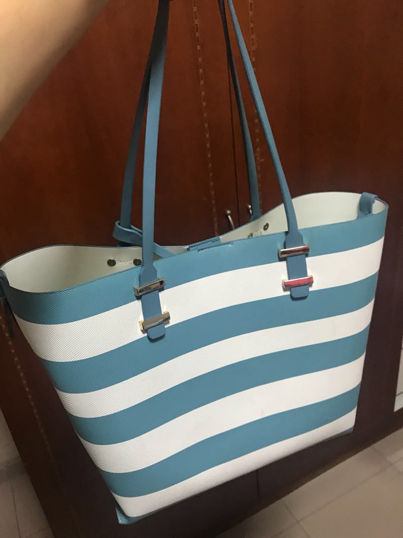 blue and white striped tote bag