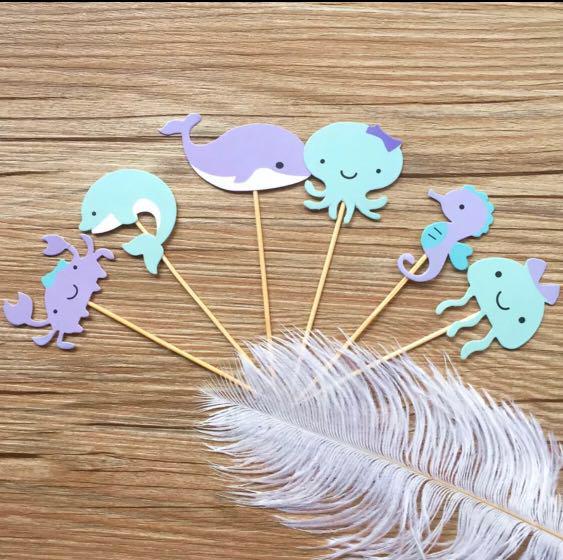 12 Pcs Pastel Sea Creatures Cupcake Topper Ocean Underwater Fish