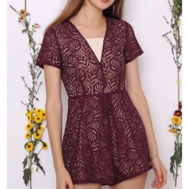 lace romper dress burgundy