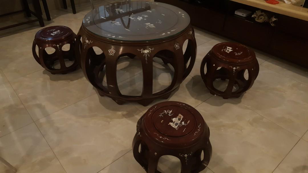 Chinese Rosewood Round Tea Table Set, Round Asian Tea Table