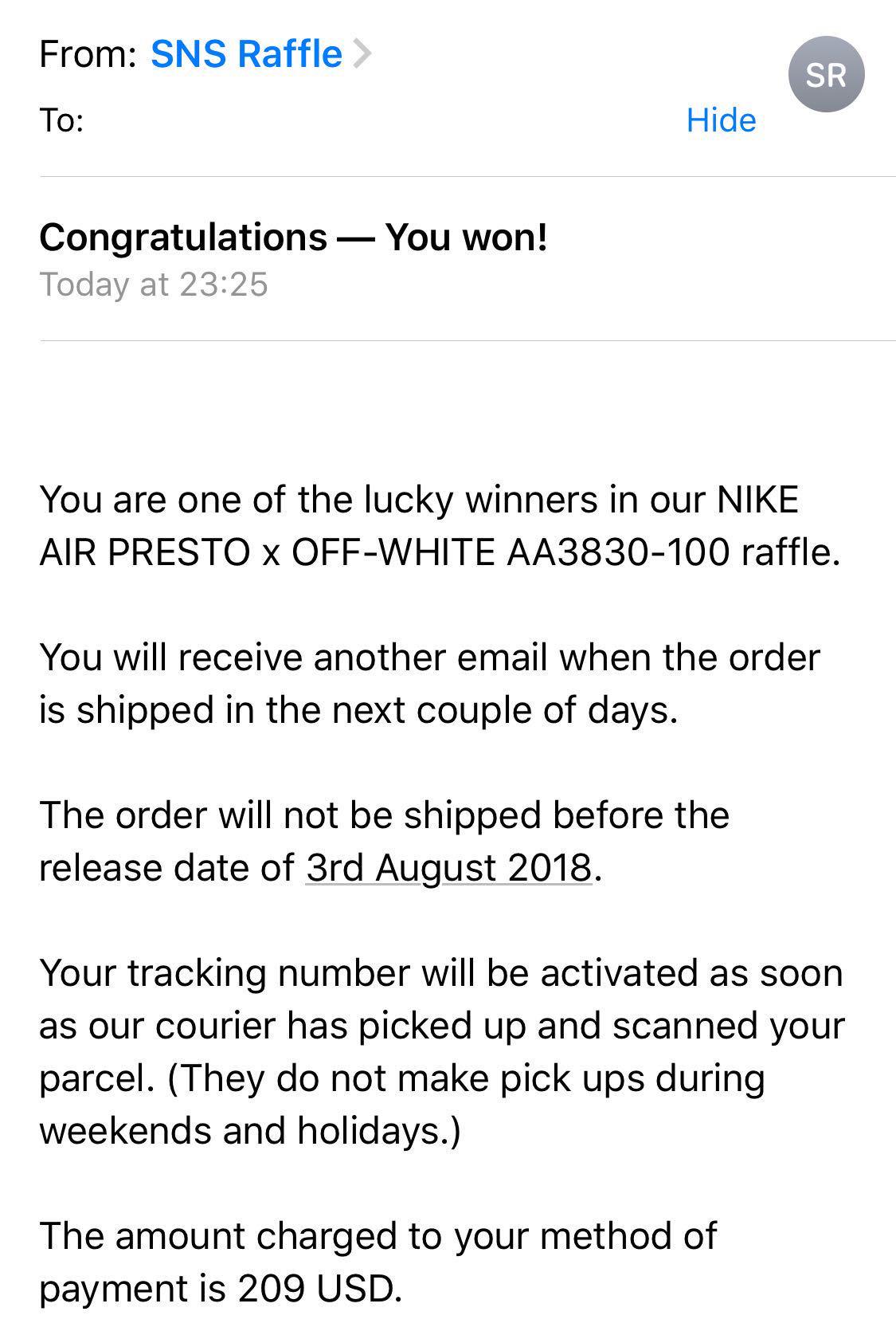 Sns off white best sale raffle