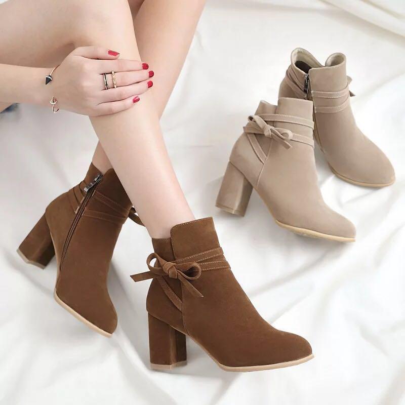Suede Boots Thick High Heel Ankle 