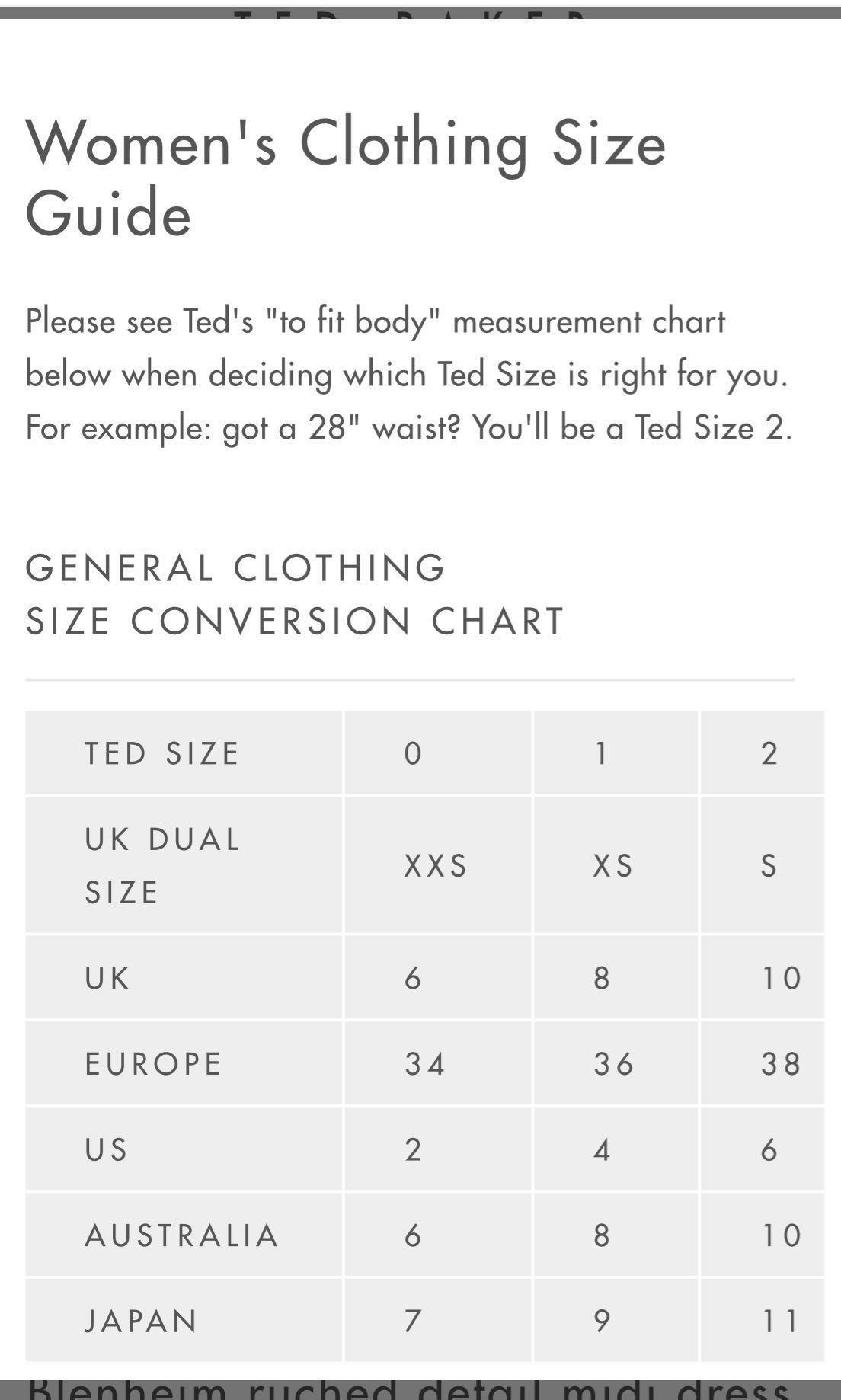Ted Baker Size Chart