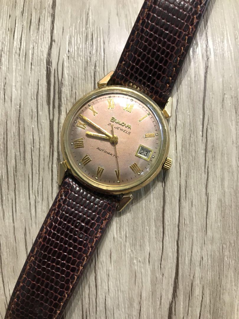 Montre Vintage Bulova Automatique 23 Rubis - Suisse, Années 70 - Cadre Blanc, Bracelet Cuir Marron - En état De Marche