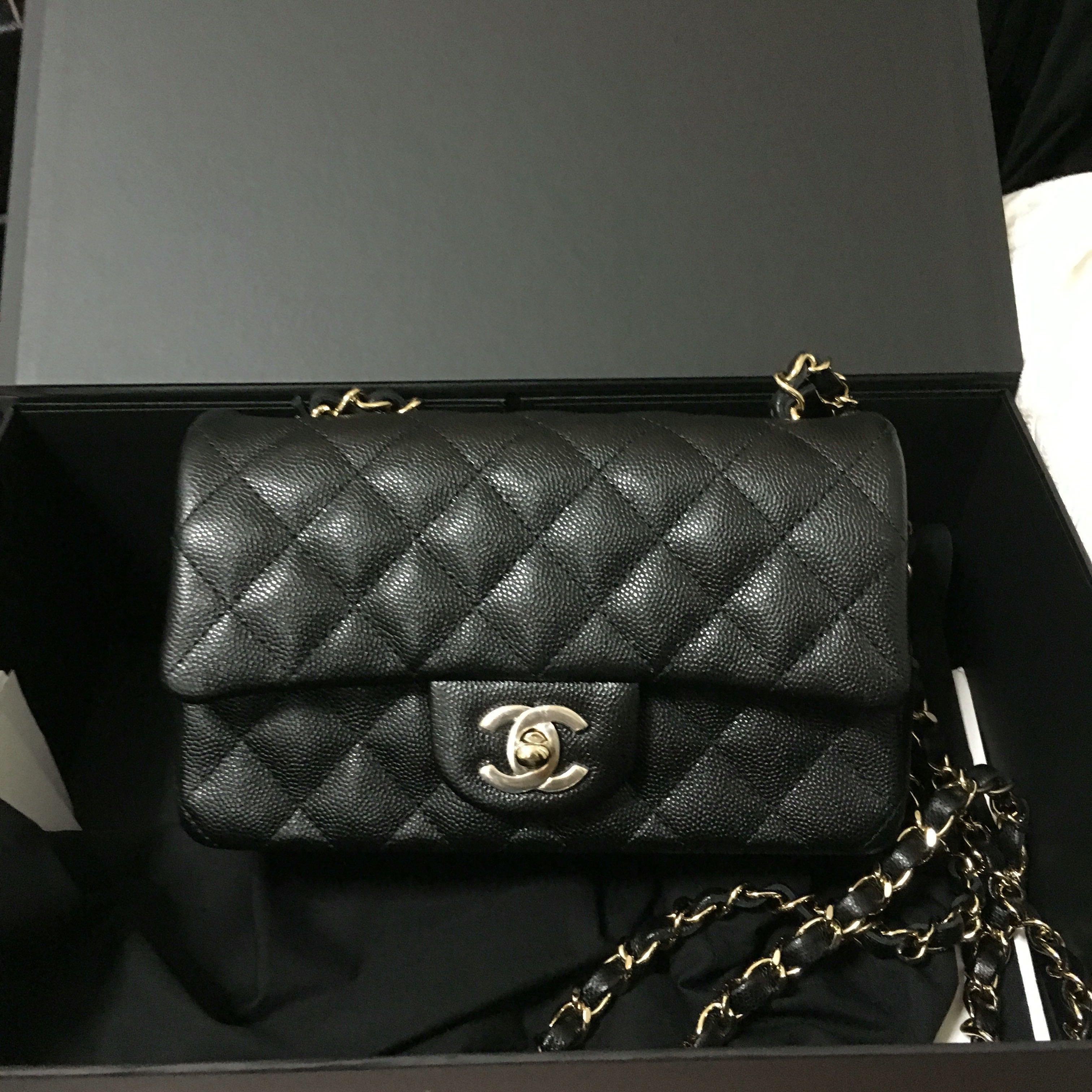 SOLD) Chanel Mini Rectangular 18B Black Caviar Champagne GHW