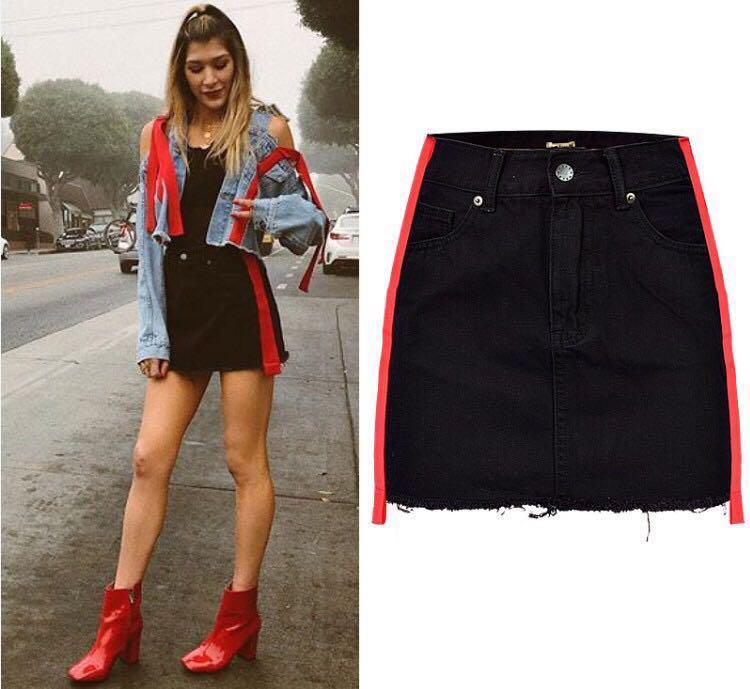 Black denim skirt red stripe shop