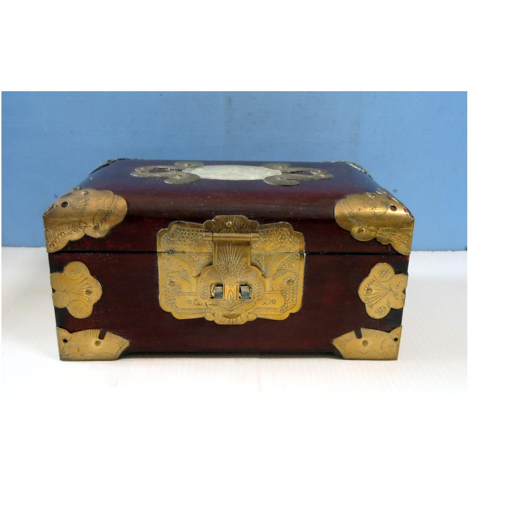 Vintage Chinese wooden jewellery box brass jade inlaid antique lock 1950s