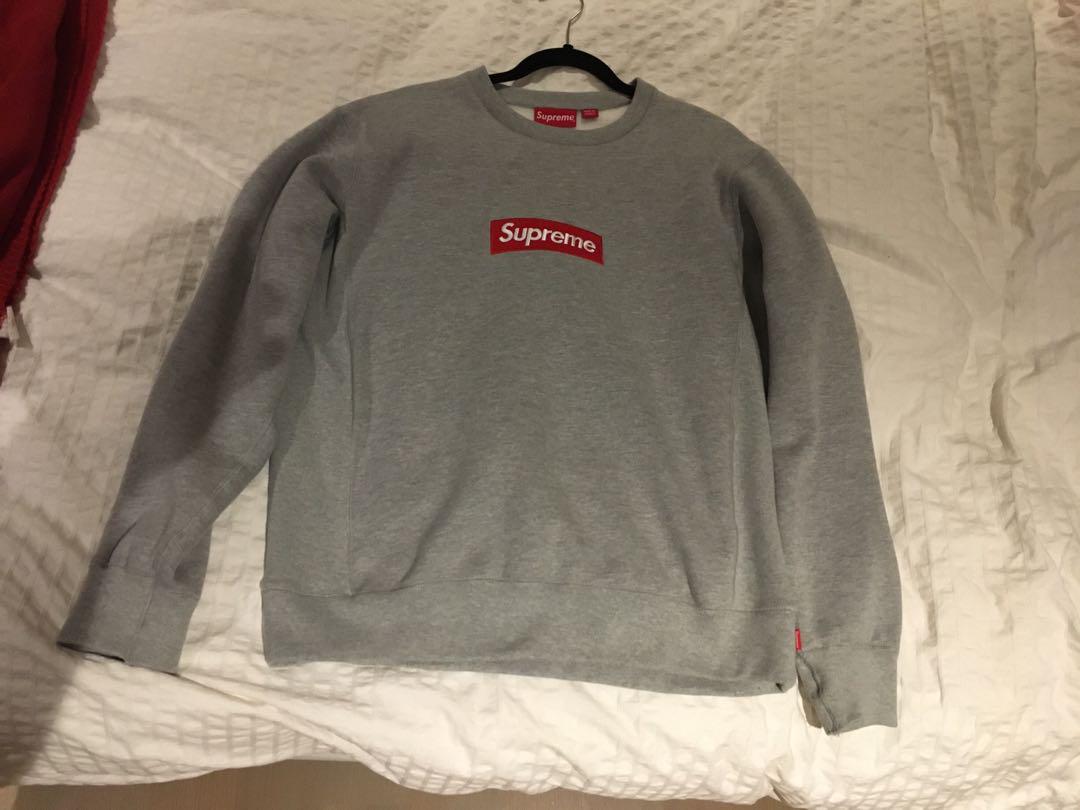 Authentic Grey Red Box Logo Supreme Crew Neck Men S Fashion