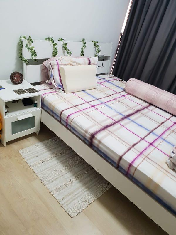 Ikea queen bed frame and mattress and side table, Furniture & Home