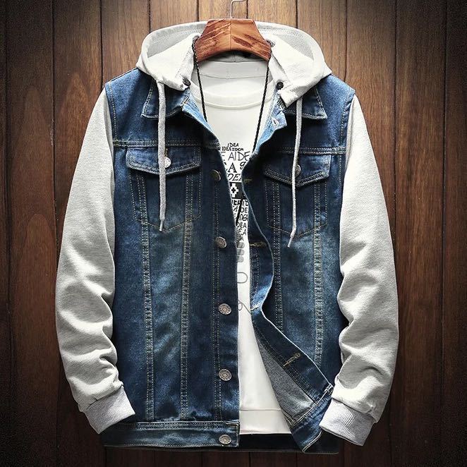 denim jacket with cotton sleeves and hood