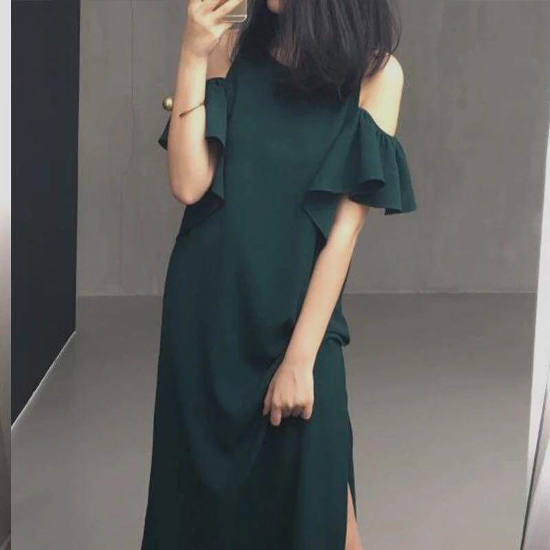 green cold shoulder dress