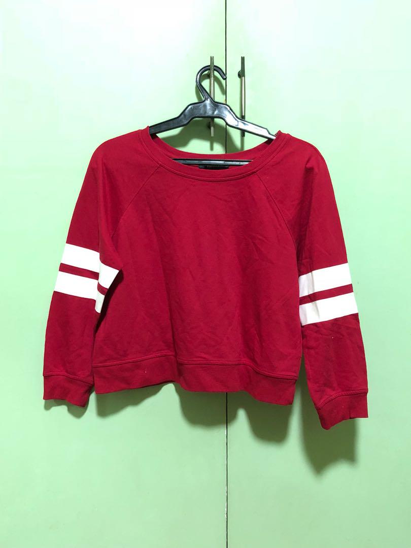 Forever 21 Red Semi Cropped Pullover With White Stripes On Carousell