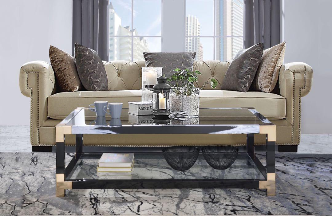 White Brushed Clear Glass Coffee Table Occasional Table