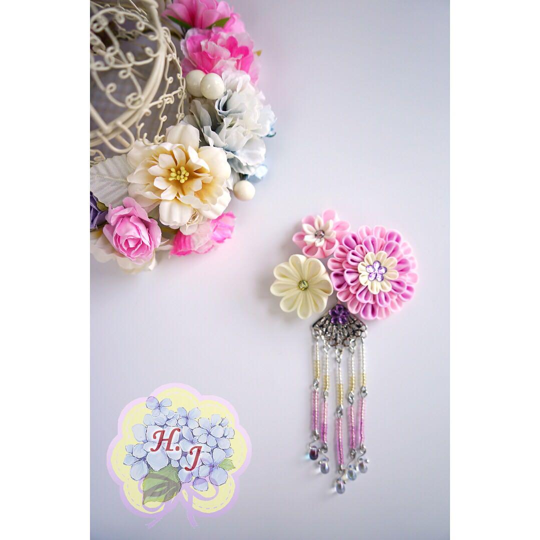 和風日式細工花步搖頭飾髮夾可愛 手作 自家設計 手作產品 飾物 Carousell