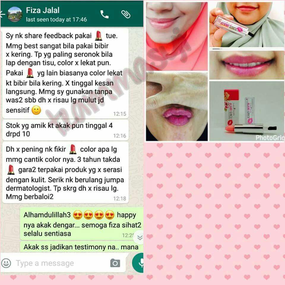 ALAMI GINCU (Category: Face Care) located in Putrajaya. Submitted by wellbeingnaturally (Listing ID 183857708, Image 2). Description: ALAMI GINCU (NATURAL BASED) . Affordable NATURAL Moisturising and Nourishing Lipstik . . Warna natural mengikut warna bibir anda. . . . Sebab 1 Bebas dari : ✅Toxin ✅Propylene ✅Petroleum based Butylene Glycol ✅Lead ✅Mineral ✅Coal tar . . Sebab 2 Gincu mesra wudhuk & selamat untuk kegunaan anda seharian. Anak dara ke