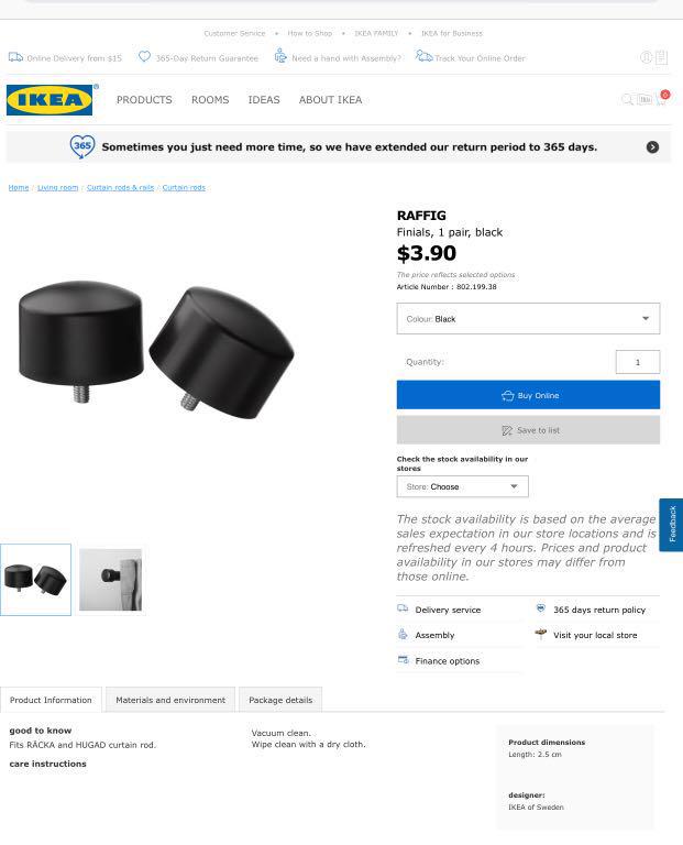 IKEA raffig finials curtain rod cap black 6pcs, Furniture & Home Living