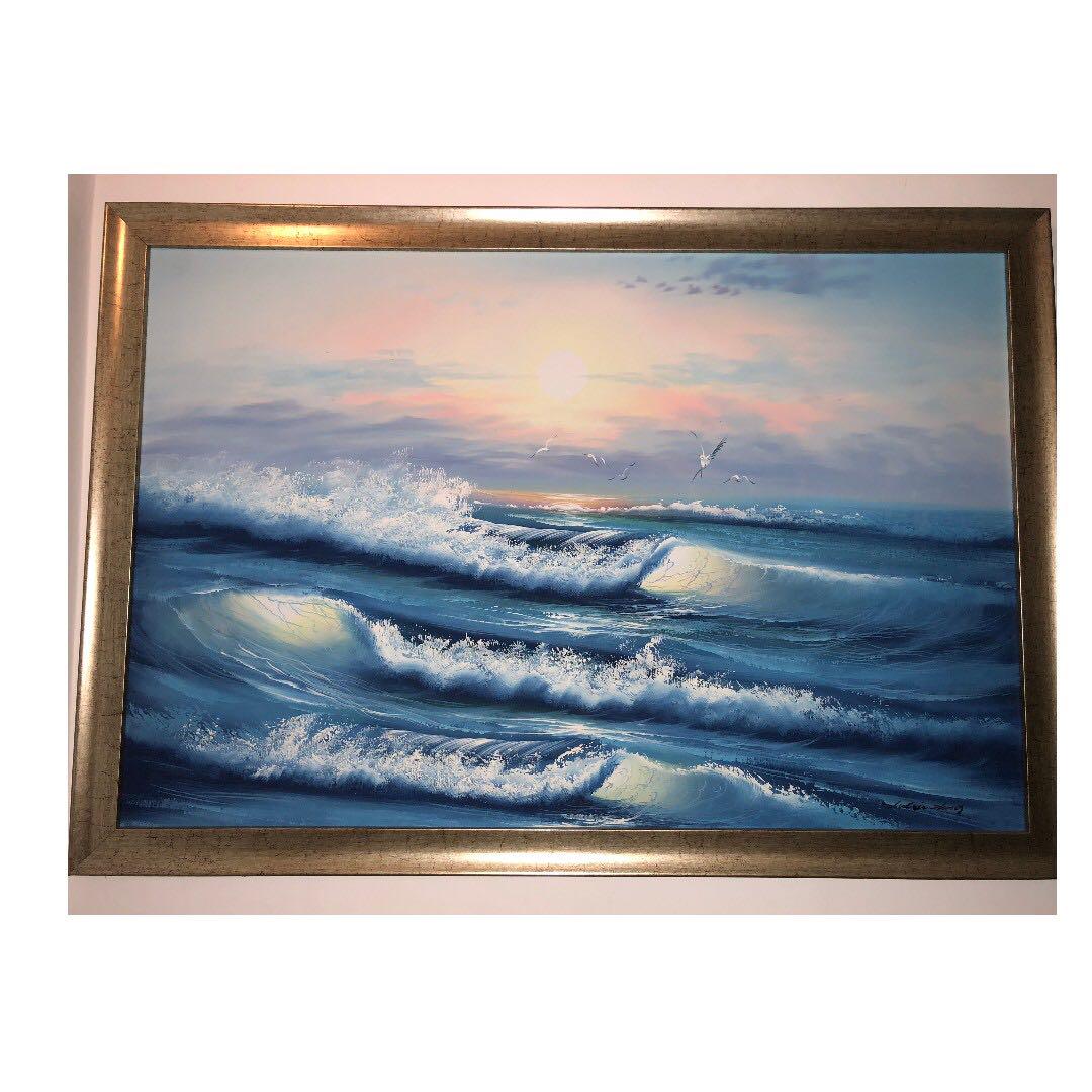 Ap030 Sunrise Beach Art Acrylic Painting With Gold Frame 122 X 88