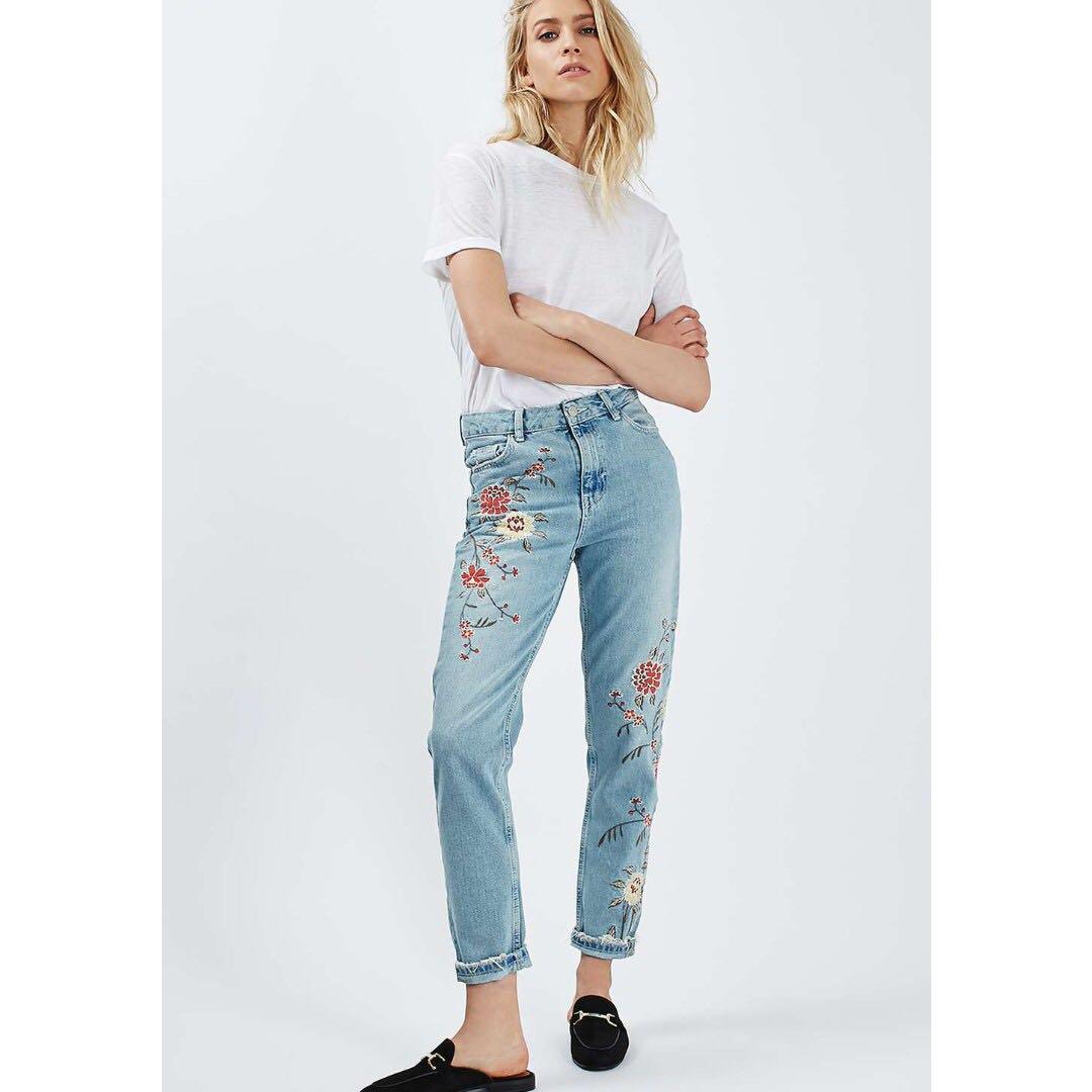 Floral embroidered mom jeans clearance