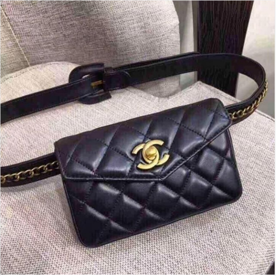 Vintage CHANEL Quilted Lambskin Leather Black Flap Mini Waist Belt Bag Authentic