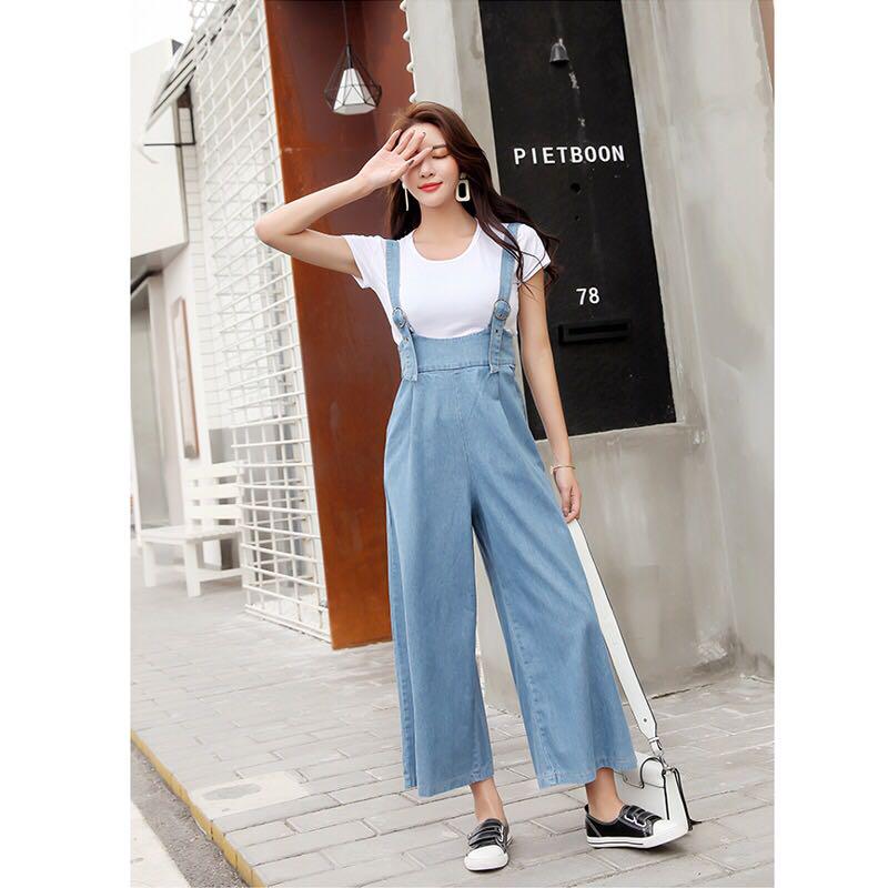 blue jean wide leg jumpsuit