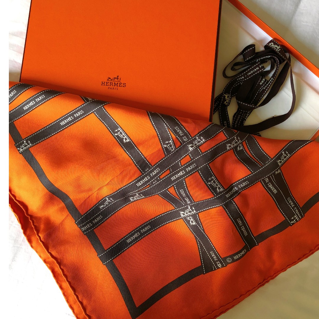 HERMES Orange Silk Twilly - Logo Ribbon Scarf/Wrap - Boca Pawn