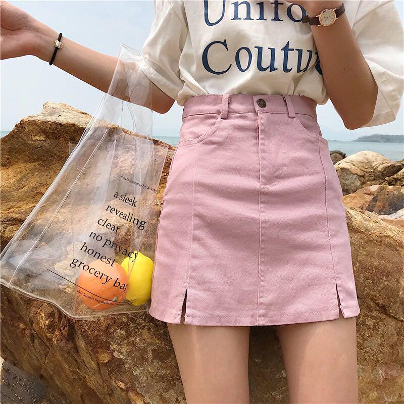 pastel pink denim skirt