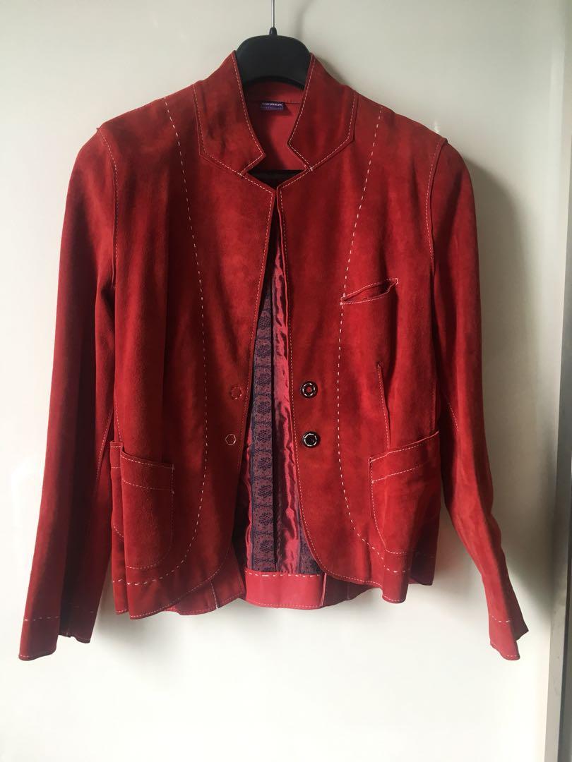 Red suede leather jacket with white stitching