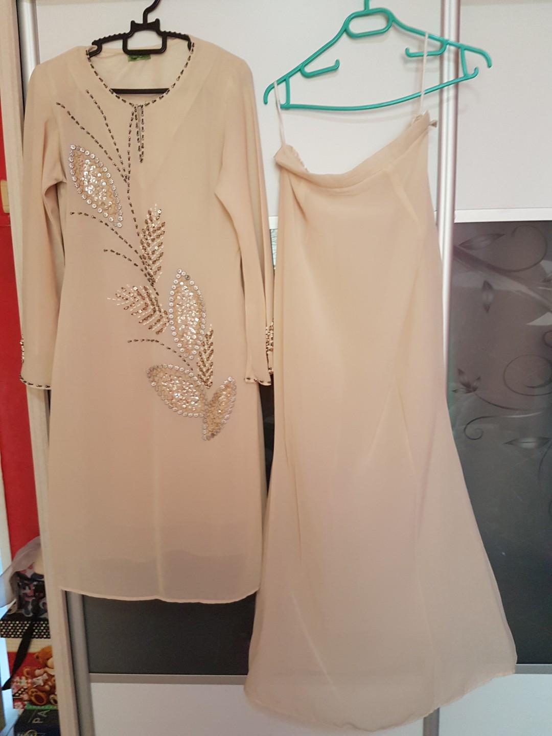 Baju Kurung Moden Cream Beaded Muslimah Fashion Two Piece On Carousell