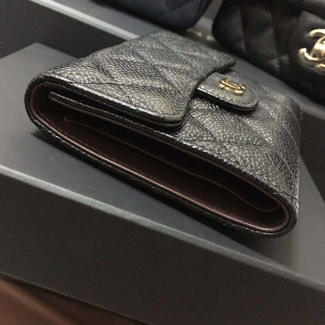 Chanel Classic Trifold Compact Wallet Black Caviar GHW, Luxury