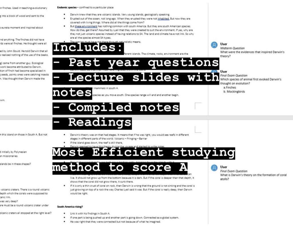 GET1020 Darwin Evolution PYQ/ Compiled lecture Notes (Category: Assessment Books) located in Singapore. Submitted by pixelsdrips (Listing ID 184358232, Image 1). Description: Includes: Detailed Lecture Notes - Taken down all main point from lectures Chapter by chapter summary guide - key points broken down chapter by chapter for effective studying PYP QUESTIONS embedded within lecture notes Key readings provided Best summary/lecture notes for thi