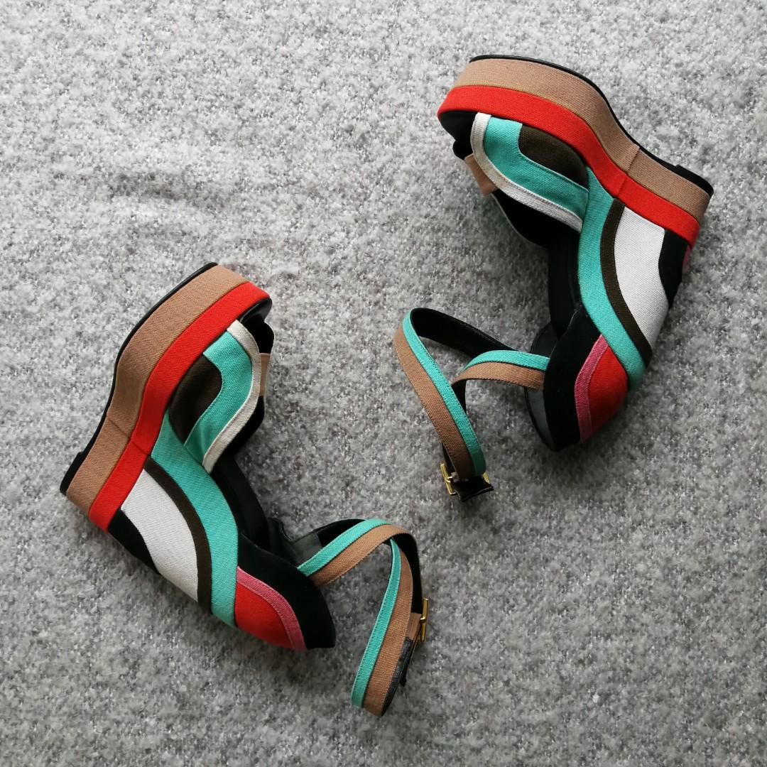 multi colored peep toe heels