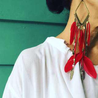 [SUMMER SALE] Red Feather and Gold Earrings