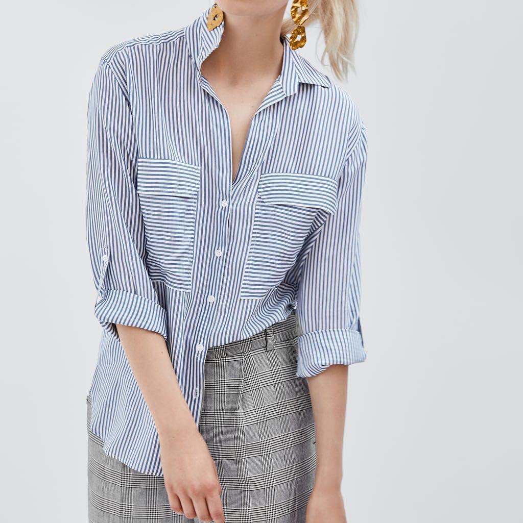 XS) Zara Blue and White Striped Shirt 