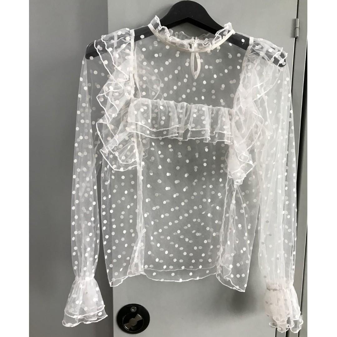 grey and white polka dot blouse