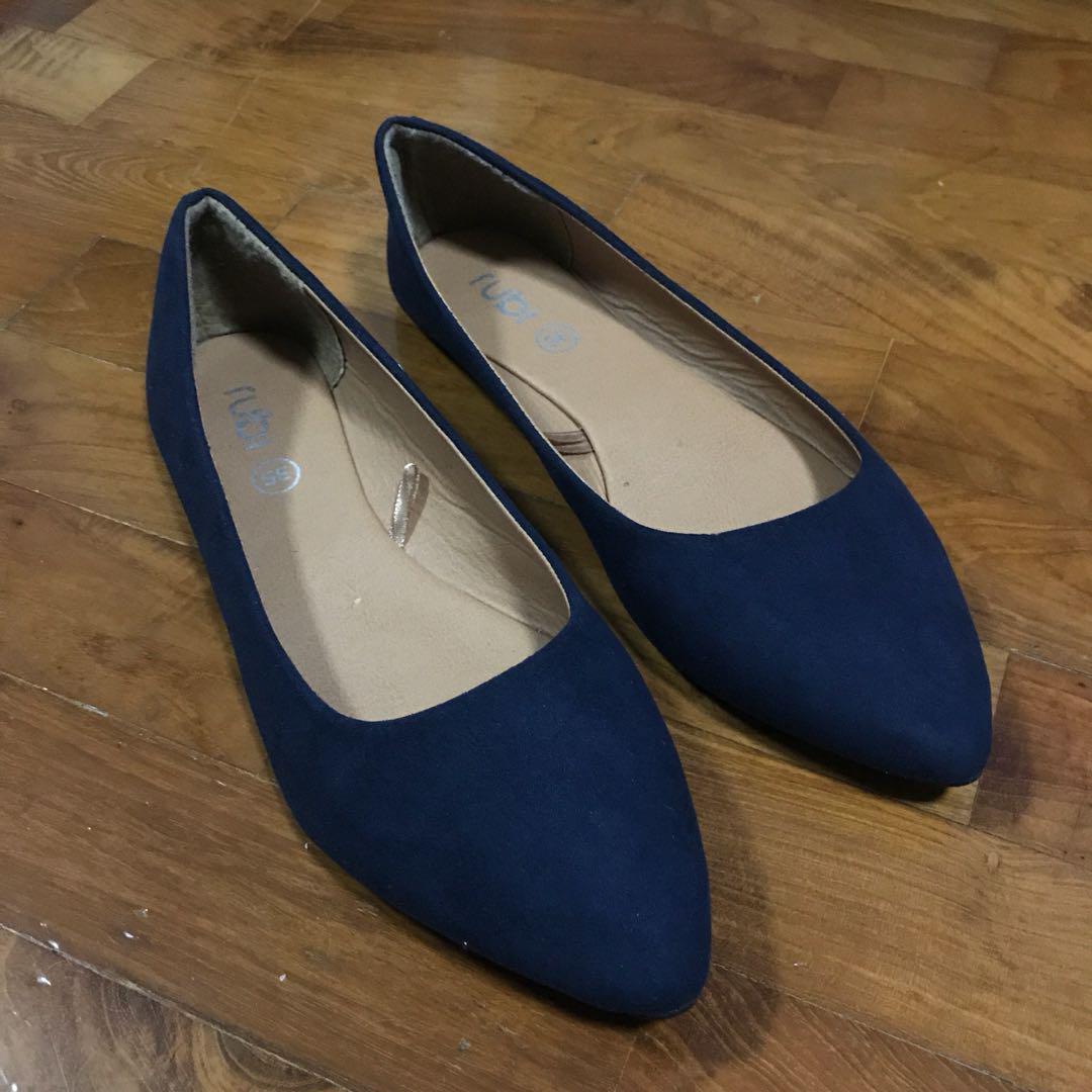 Navy Blue Pointed Flats, Women's 