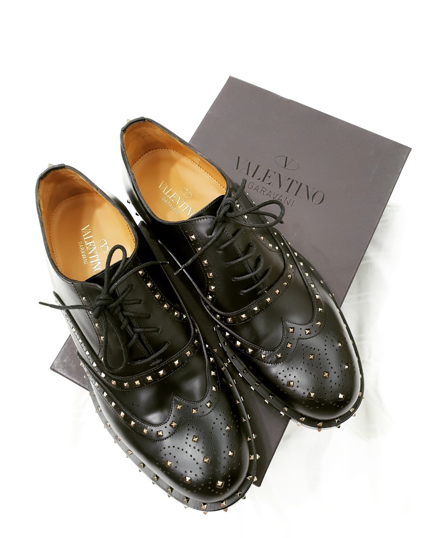 VALENTINO STUDDED LEATHER BROGUE OXFORD SHOES BLACK MEN LACE UP